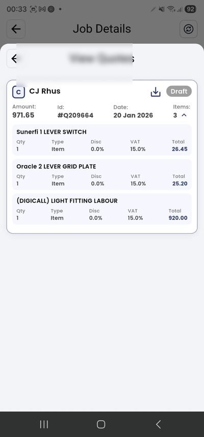 PlanMyCrew quote showing Digicall light fitting labour, materials and 15% VAT breakdown for an insurance panel job