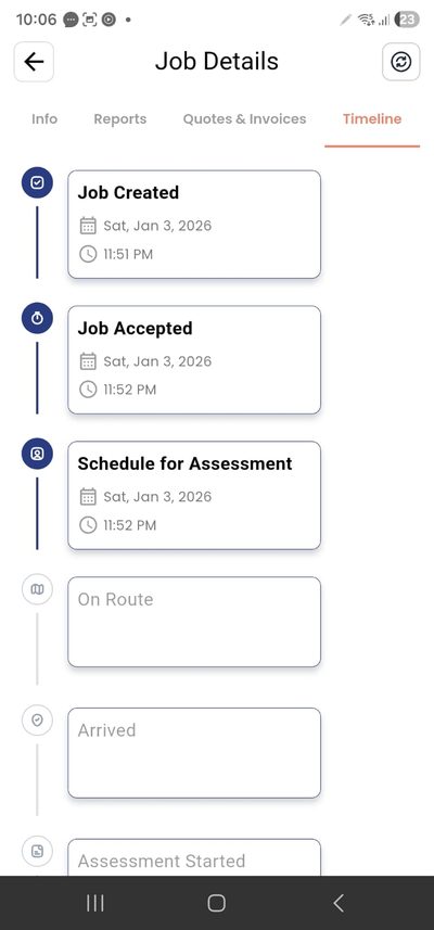 PlanMyCrew job timeline showing SLA-critical timestamps — job created, accepted and scheduled for insurance panel compliance
