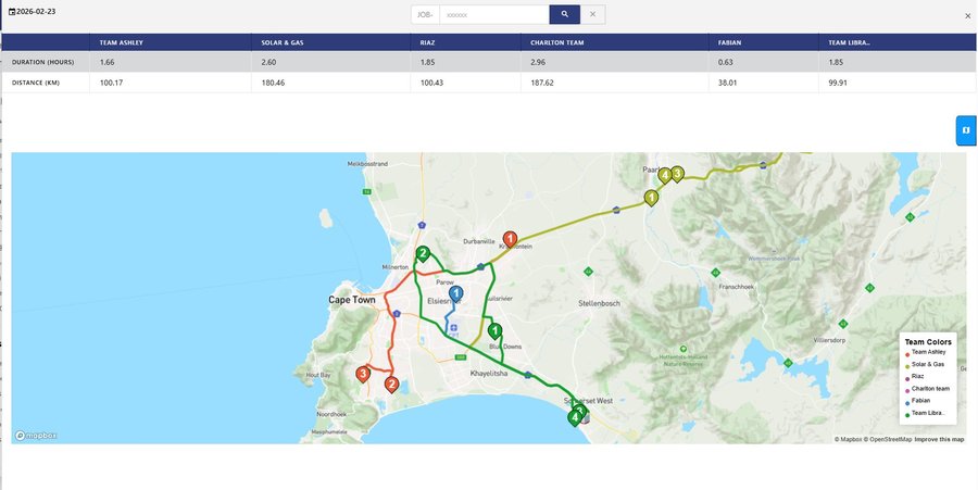 PlanMyCrew GPS route tracking map showing real contractor team routes across Cape Town suburbs with distance tracking