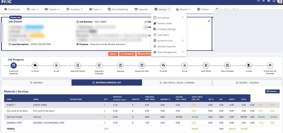 PlanMyCrew desktop job card showing job progress bar from assessment to invoice paid, with materials and services list